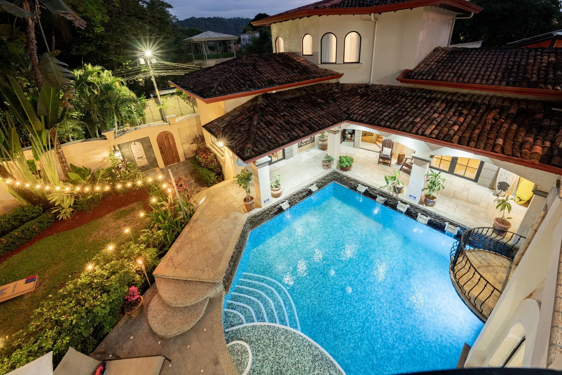 Aerial view of the pool at twilight