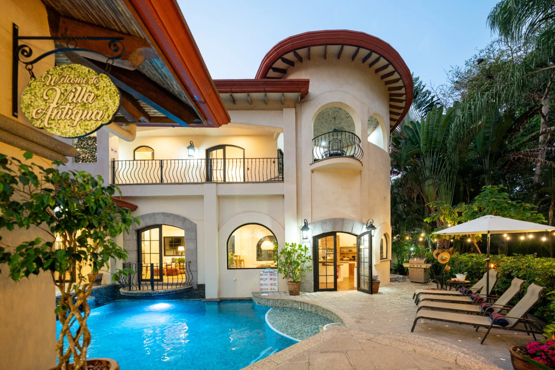 Villa Antigua façade at twilight